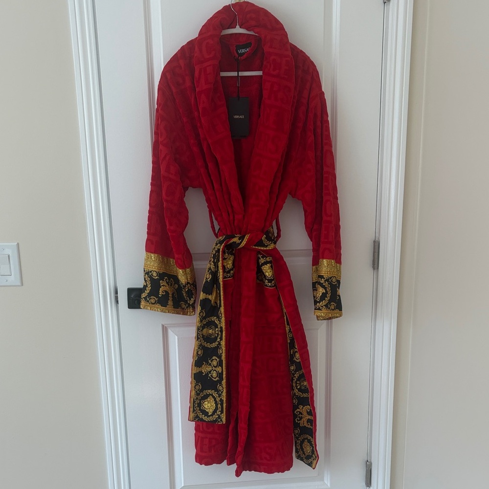 Versace Red Textured Logo Robe with Embossed Pattern